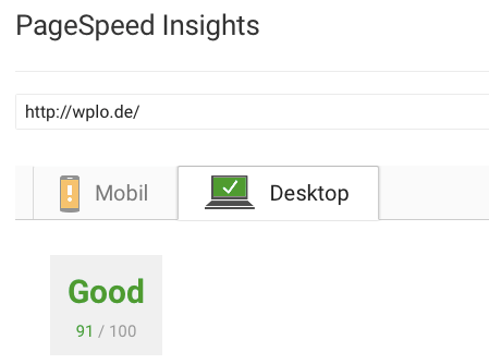 Page Speed Insights Wert fuer Wplo nach Optimierung