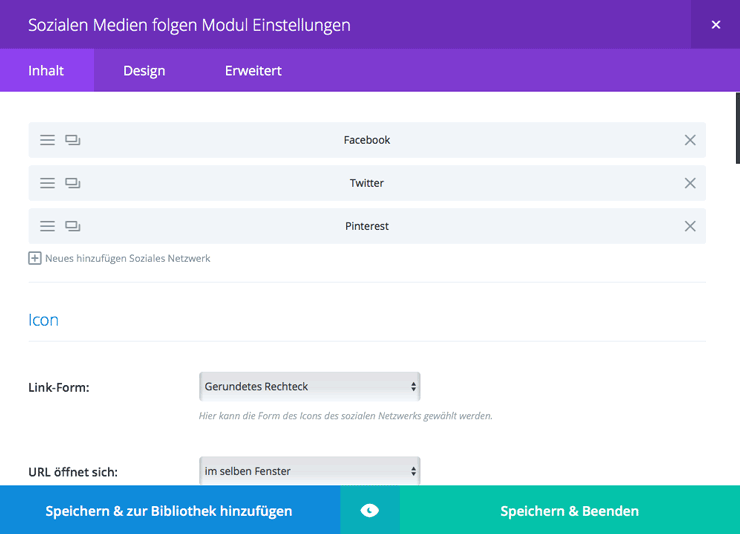 Soziale Medien Folgen Modul zentrieren mit Divi