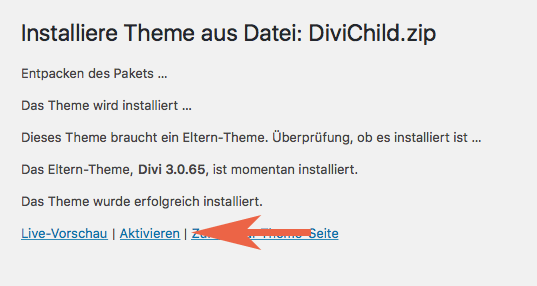 Divi Child Theme erstellen Erfolgsmeldung